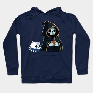 Cute Grim Reaper with Cat Having Coffee Hoodie